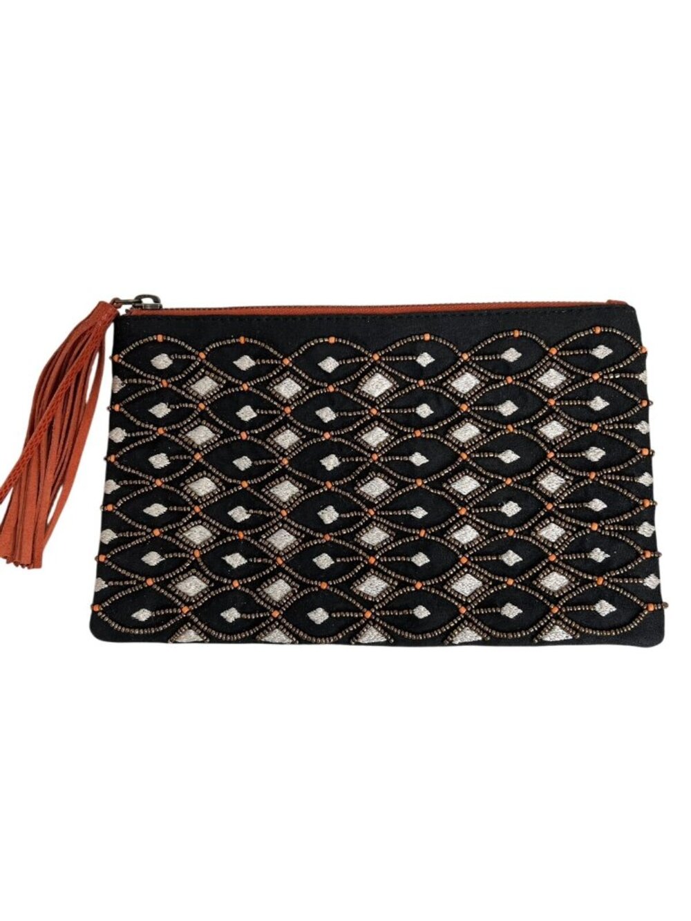 Ten79LA Grace Clutch Suede embellished w/Glass & Resin Beads w/Tassel Handmade